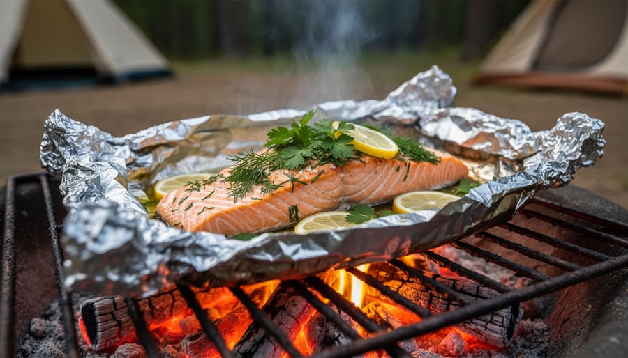 Opened foil packet showing cooked salmon with lemon and herbs over campfire