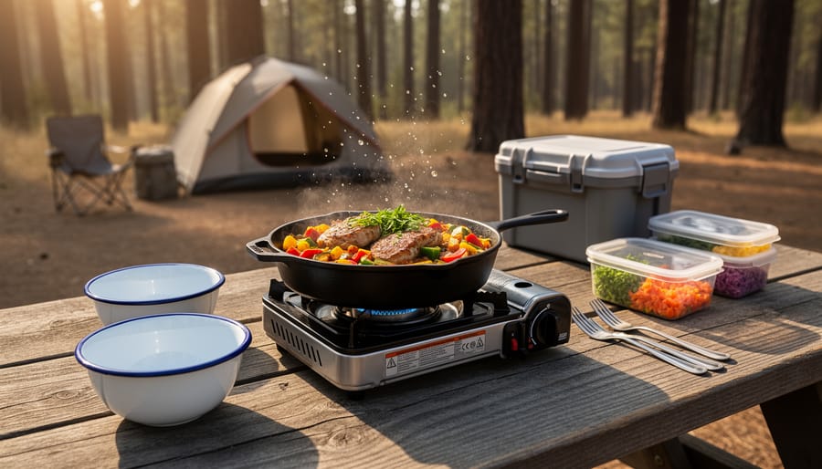 Cast-iron skillet with a colorful one-pot meal on a compact single-burner camp stove atop a picnic table, with two enamel bowls, forks, a small cooler, and reusable prep containers; tent, camp chairs, and pine trees softly blurred in warm golden-hour light.