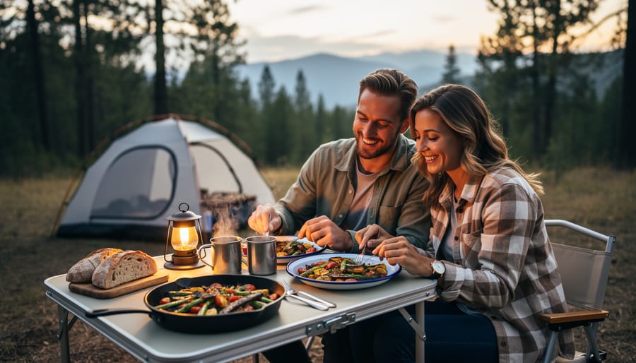Couple enjoying outdoor dinner together at campsite during sunset