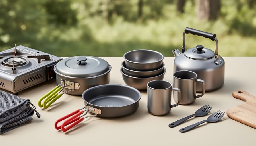 Compact camping cookware and utensils arranged on picnic table at campsite