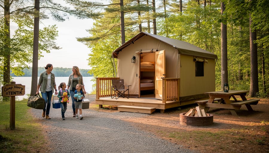 A family with camping gear stands near an A-frame oTENTik cabin at Camp Henry in Point Pelee National Park.