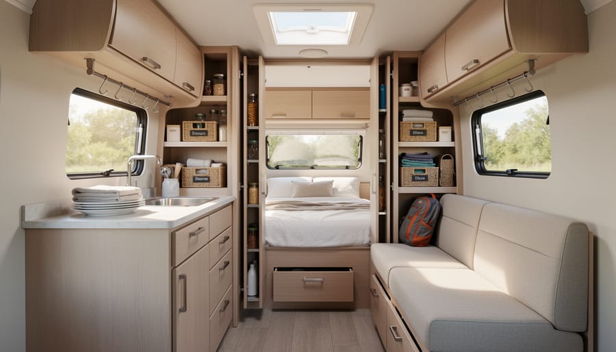 Close-up view of neatly organized storage bins and drawers inside a travel trailer