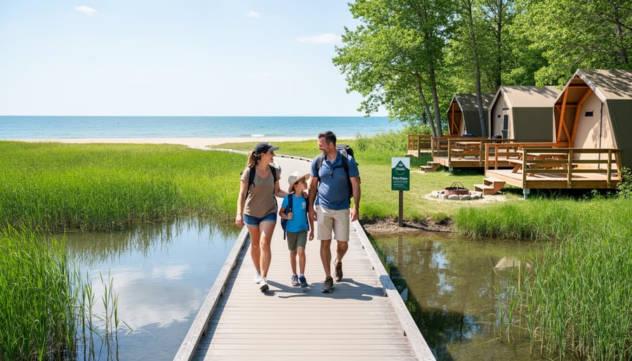 Couple walking along a trail toward the shoreline at Point Pelee National Park during golden hour.