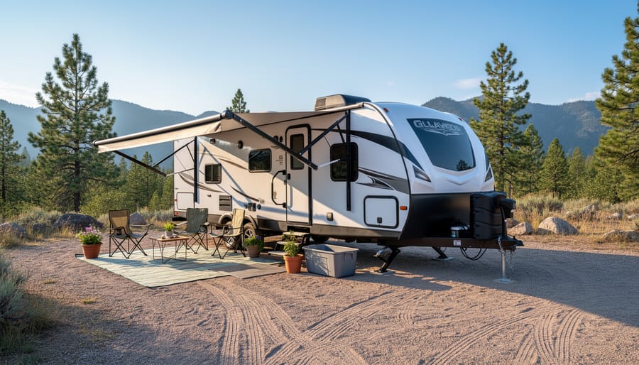 Family standing in front of a travel trailer at a campground with the tow vehicle unhitched