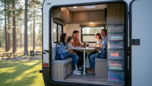 Family standing near the doorway of a travel trailer at a campsite in the morning, showing compact living space and bright natural light.