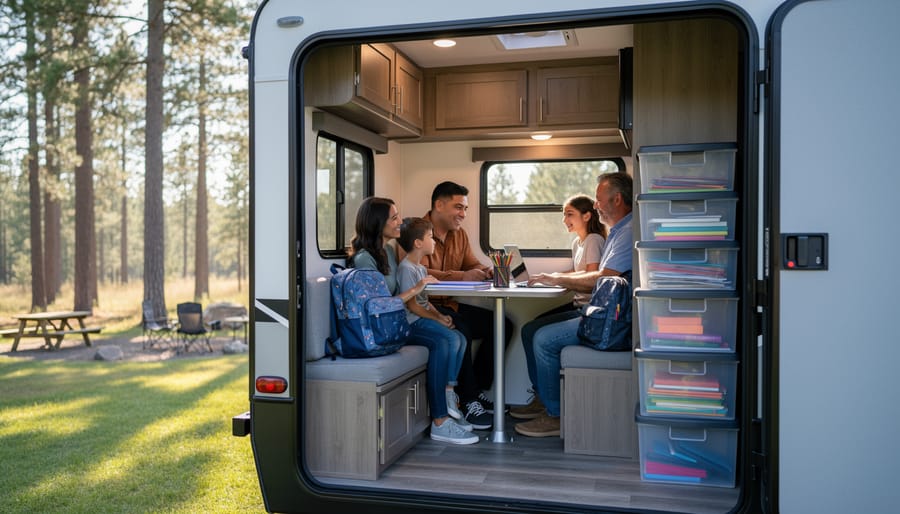 Family standing near the doorway of a travel trailer at a campsite in the morning, showing compact living space and bright natural light.