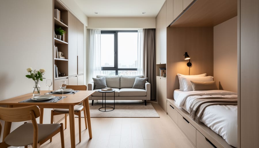 Neatly organized interior of a small travel trailer with dining area, compact kitchen, and sleeping space visible