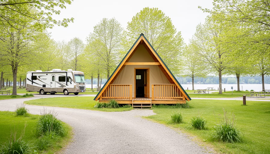 “An oTENTik A-frame cabin at Camp Henry with an RV parked nearby along a gravel path in Point Pelee National Park.”