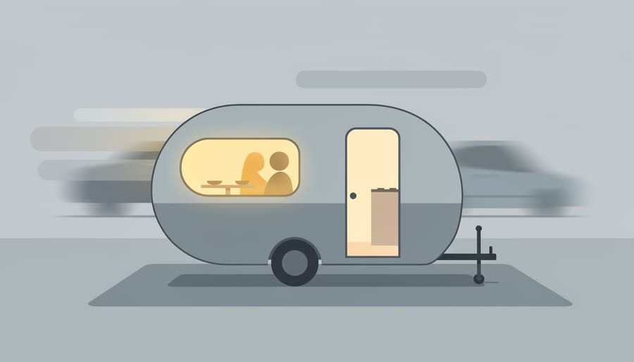 Travel trailer glowing with warm lights at dusk in a campground with a small outdoor setup in the foreground