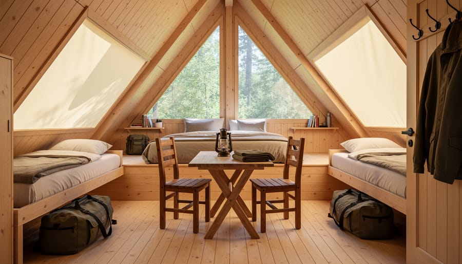 View inside an oTENTik A-frame cabin with bedding and camping essentials, looking toward the entrance.
