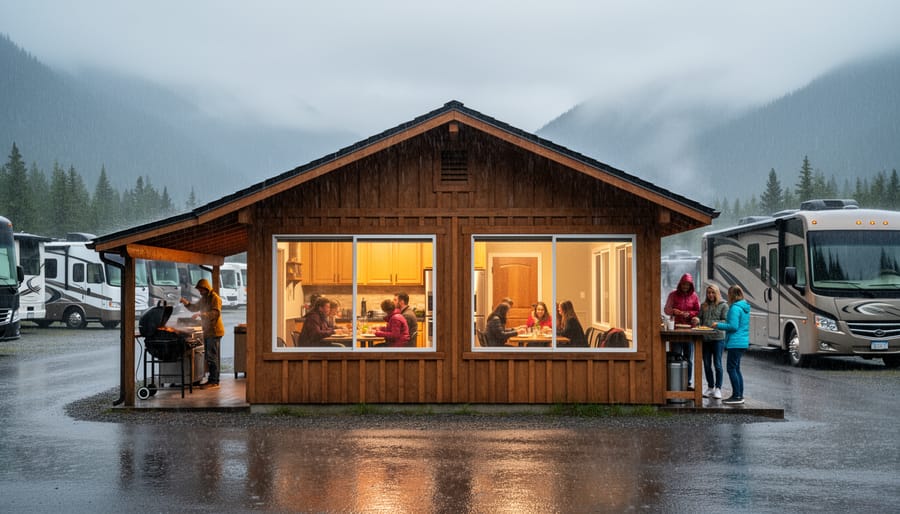 Family member warming up with a mug inside a campground cookhouse during rain