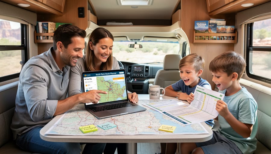 Family planning a road trip route inside an RV with a map on the table