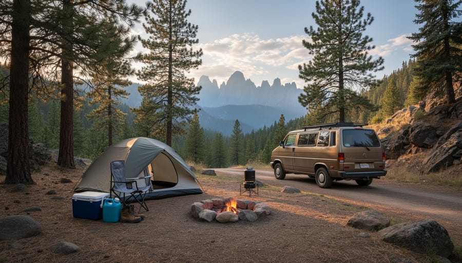 Campervan and tent set up at a quiet forest campsite near a national park