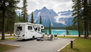 “Family RV parked in a Jasper National Park campground with the Canadian Rockies and a glacier-fed lake in the background.”