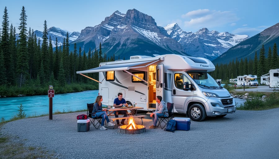 Family RV campsite with awning and campfire in Jasper National Park mountains