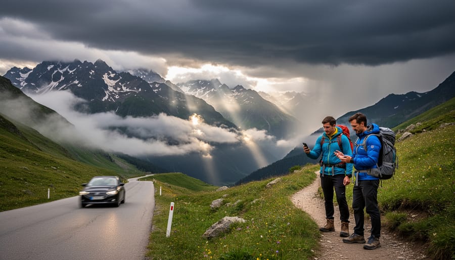 Hikers near an RV at a mountain overlook with storm clouds and sun rays breaking through