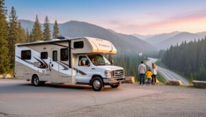 Family standing near a parked RV at a national park overlook as sunrise lights up distant mountains and evergreen forests.