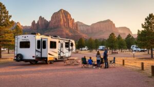 “An RV parked at a national park campground at sunrise with a family relaxing near the campsite and red rock formations in the distance.”