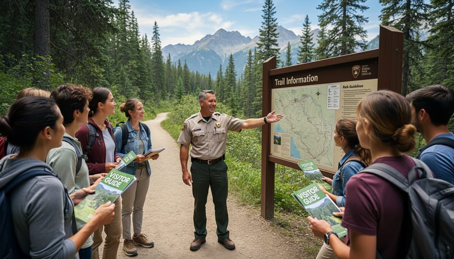 Visitors listening to a park ranger near a trail area in a national park