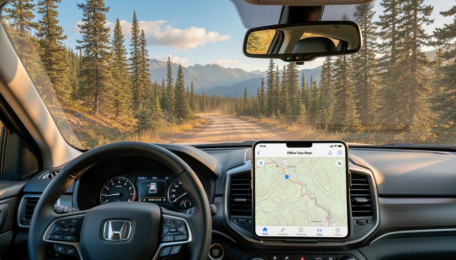 RV traveling on a winding dirt road through rugged backcountry terrain