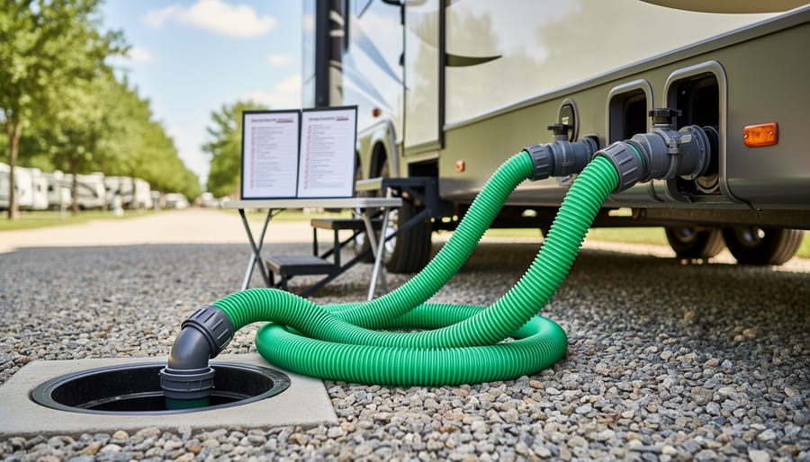 Close-up of an RV dump area with a hose and fittings next to a gloved hand preparing equipment.