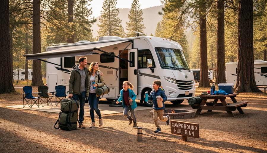 A family unloads camping gear beside an RV at a forest campground with mountains in the distance.