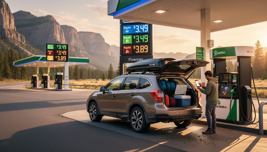 Person refueling an RV at a fuel station during dusk