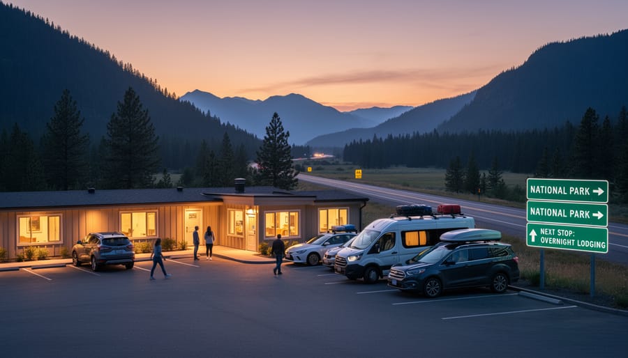 RV parked at an overnight stop with trees, with a person checking a phone nearby