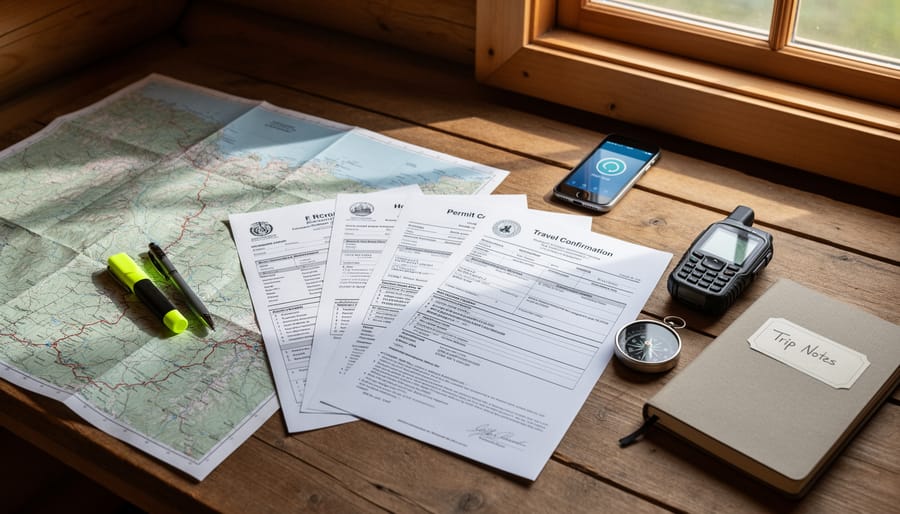 Campground reservation papers and permits on a picnic table beside an offline map and waterproof phone case.