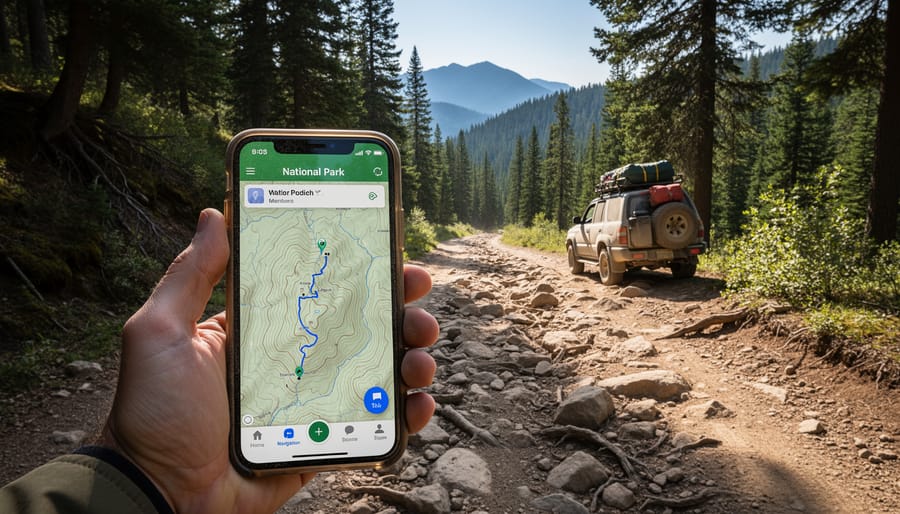 RV driving carefully on a rocky national forest road with gravel and ruts