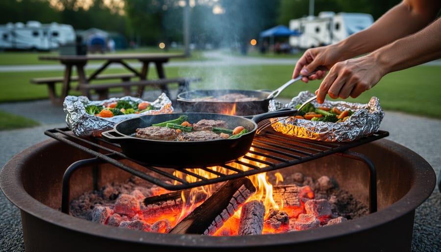 Cast-iron skillet and foil packet meals cooking over a campfire at a campsite