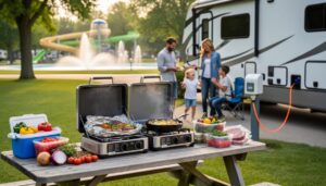 Family camping setup at Bingemans with a portable propane grill, camping stove, foil packets, and a picnic table prepared for quick outdoor meals near RV electric hookups.