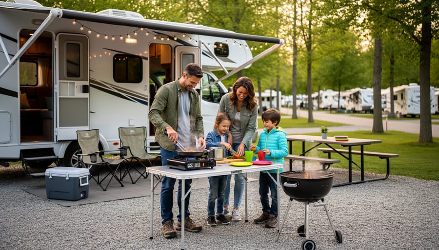 Family preparing a skillet meal at a campsite beside an RV, with foil-wrapped ingredients ready to cook