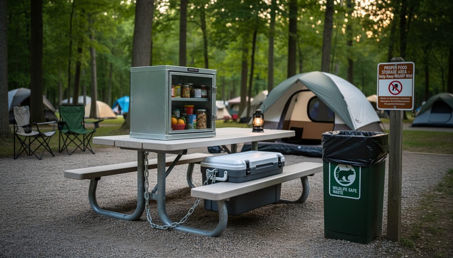 Sealed cooler and food containers stored securely at a campground for wildlife safety
