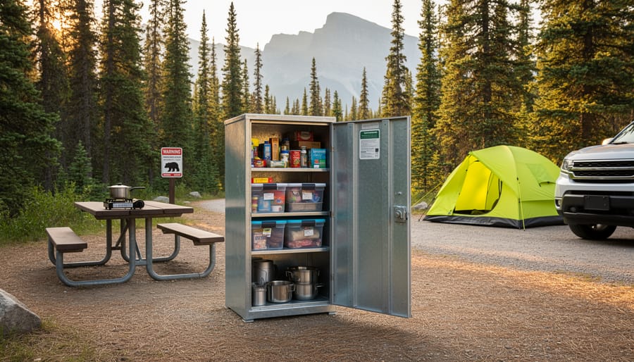 Bear-proof cooler and sealed food containers stored in a metal bear locker at a Jasper campsite.