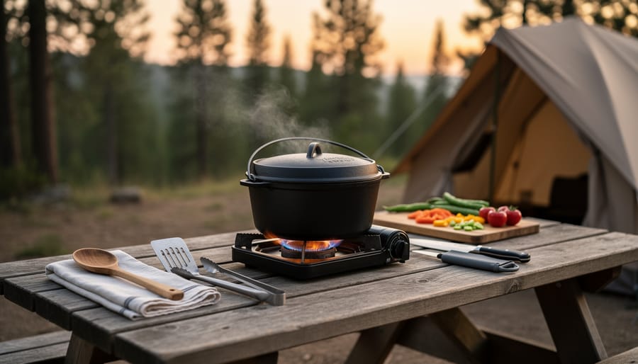 Cast-iron Dutch oven with lid lifter and long tongs prepared on a campsite cooking surface
