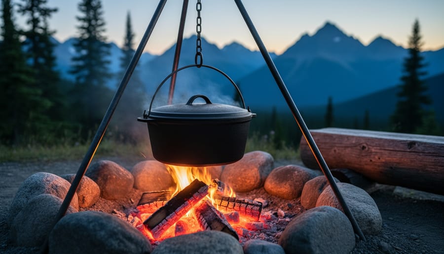 Dutch oven cooking over glowing coals in a campsite fire pit with smoke rising and camp cooking tools nearby.