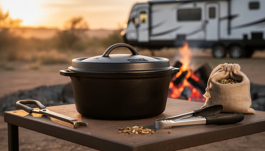 Cast-iron Dutch oven with lid lifter and long tongs prepared on a campsite surface near a campfire at golden hour.