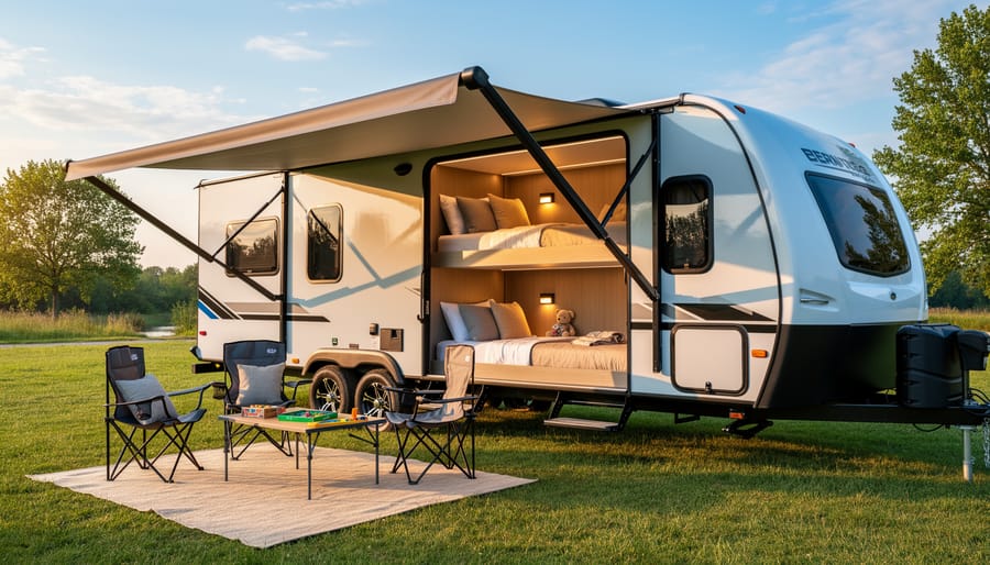 Family travel trailer exterior with awning extended and a visible bunk area window at golden hour.