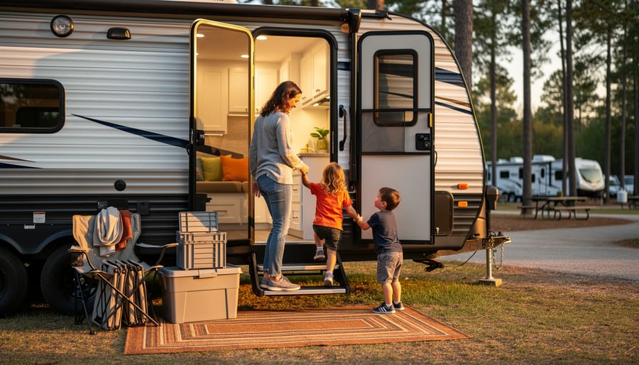 A family at a campground stepping into an open travel trailer doorway, with kids and parents preparing to settle inside near outdoor camping gear.