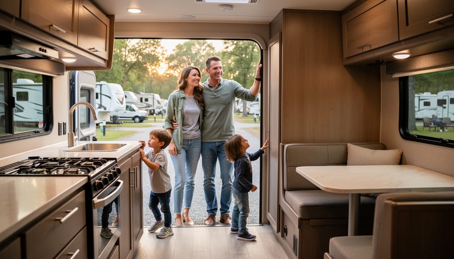 Family standing inside an open travel trailer doorway at a campground, looking into the interior.
