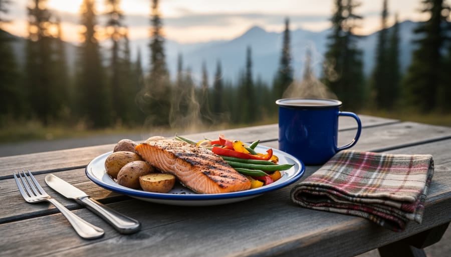 Close-up of a camp-style trout meal and s'mores ingredients on a picnic table with blurred mountain scenery behind.