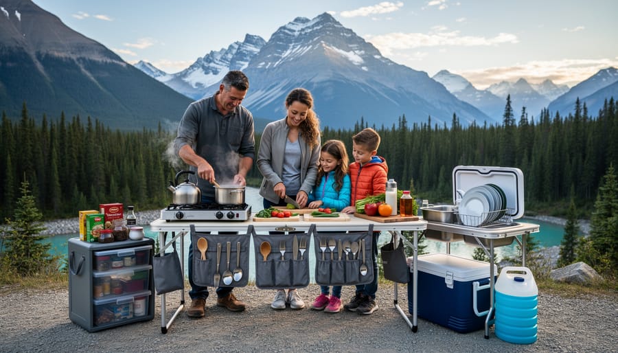 Family preparing an outdoor camp kitchen at a Jasper campground with a portable stove and cookware on a picnic table.