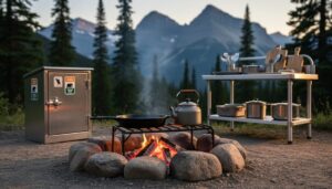 Camp cooking setup in Jasper National Park with a skillet and kettle near a bear-proof food locker and cookware on a prep table, with pine trees and rocky mountains in soft background blur.