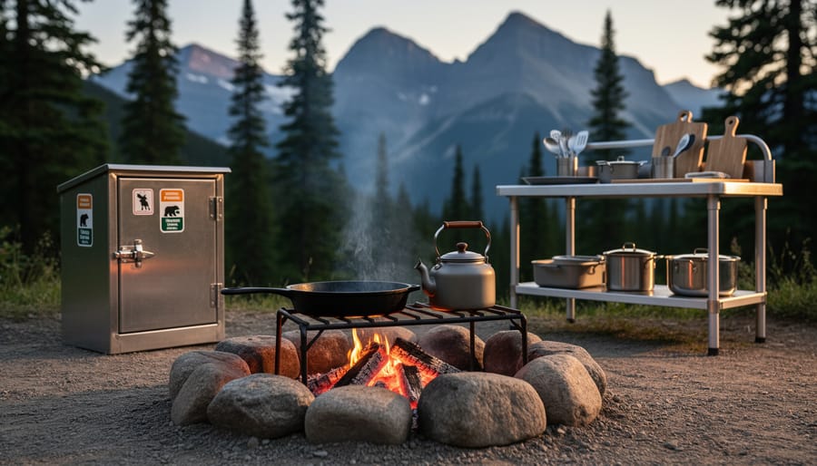 Camp cooking setup in Jasper National Park with a skillet and kettle near a bear-proof food locker and cookware on a prep table, with pine trees and rocky mountains in soft background blur.