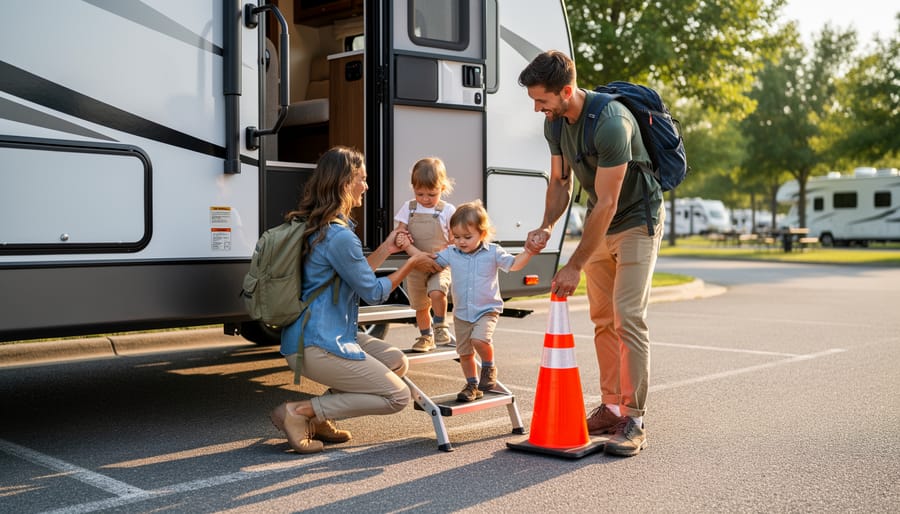 Child seat harness being adjusted by a parent inside a travel trailer with a forward-facing seating area.