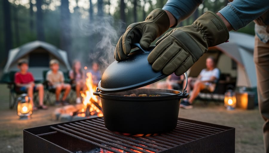 Person wearing heat-resistant gloves lifting a lid from a hot Dutch oven over campsite coals