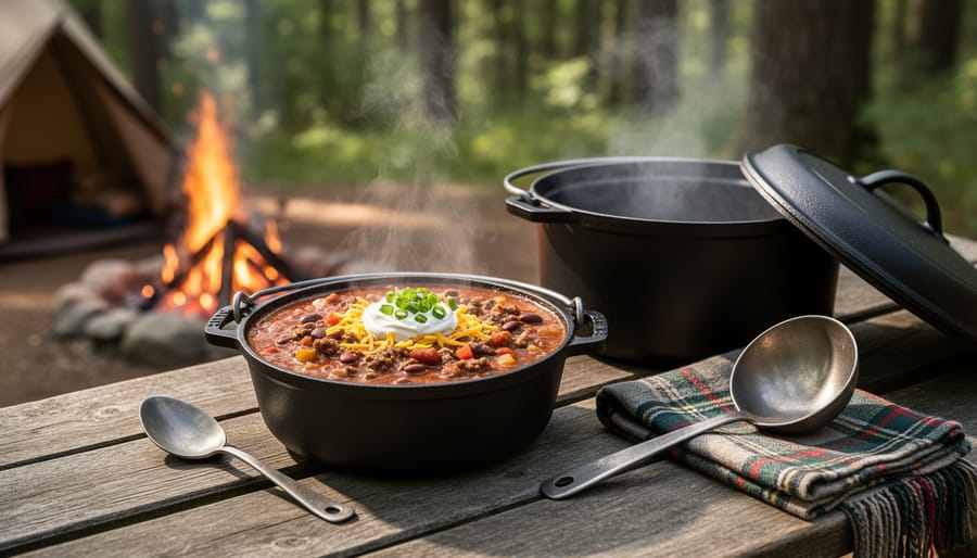Served Dutch oven chili in bowls on a campsite table with a rustic tray
